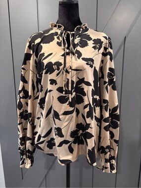 SHEIN Beige and Black Floral Tie-Neck Blouse